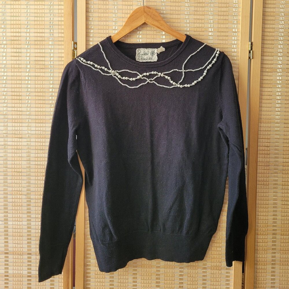 ANTHROPOLOGIE Field Flower Black Cashmere Blend Sweater Pearl Enhancement